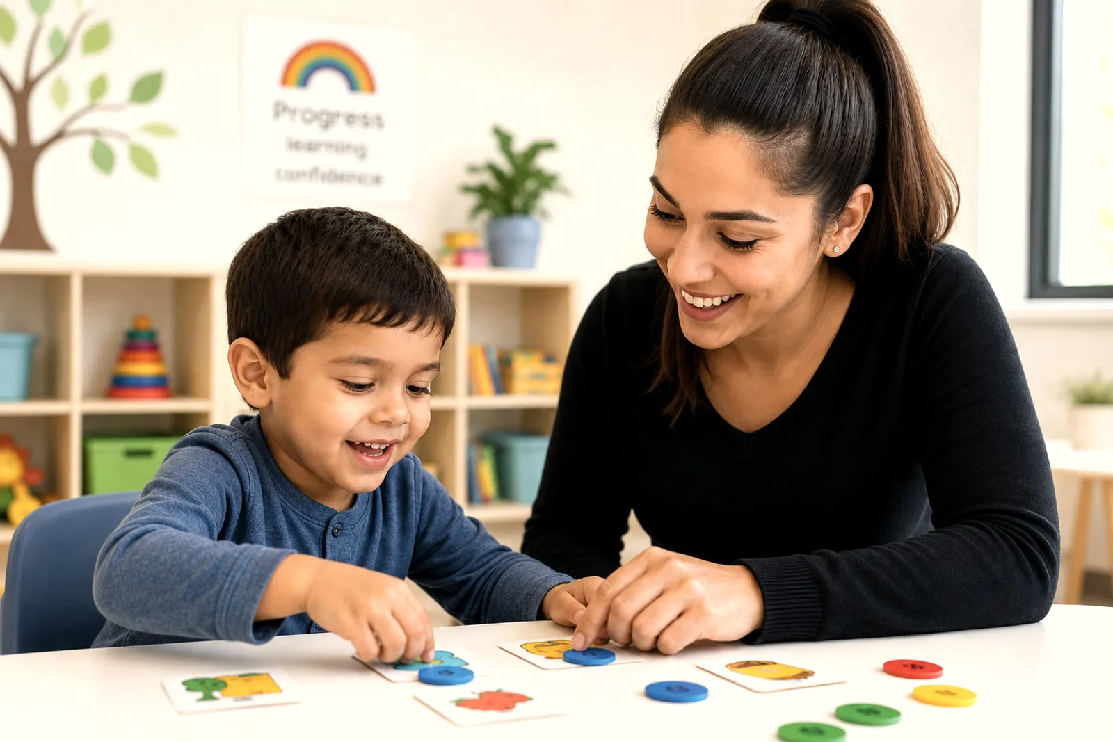 A young boy and an adult seated at a table, matching picture cards to coloured tokens between them.